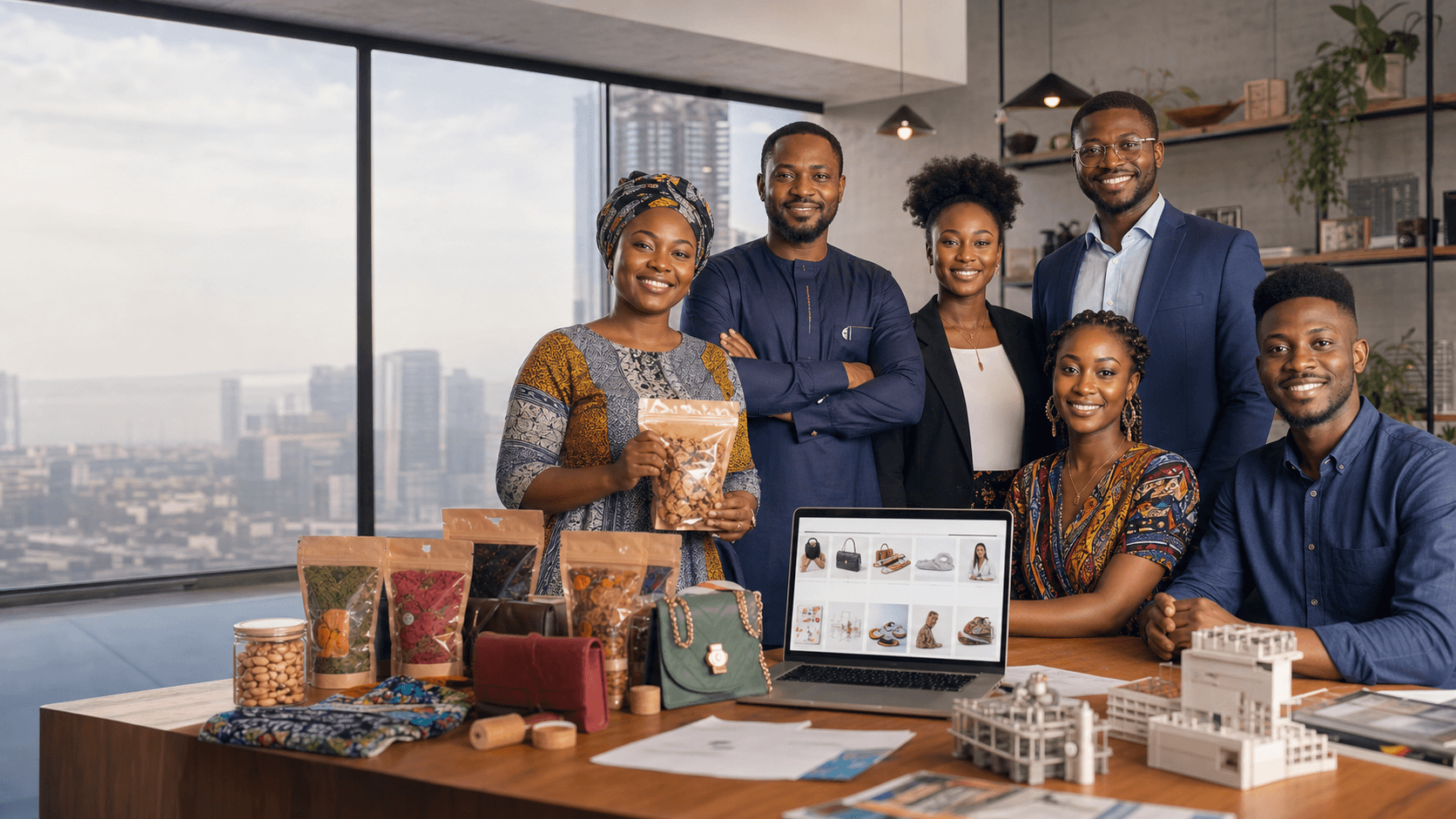 Cameroonian entrepreneurs presenting diverse products for global commerce